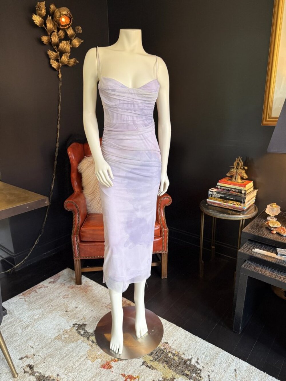 NWT ZARA Lavender Tie-Dye Satin Ruched Spaghetti Strap Slip Midi Dress M